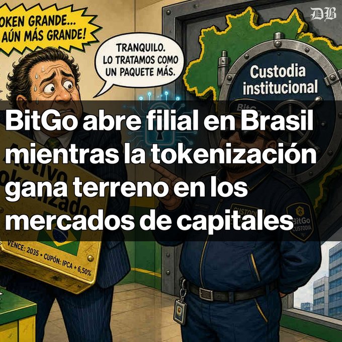 A cartoon-style news graphic in Spanish features the headline 'BitGo abre filial en Brasil mientras la tokenización gana terreno en los mercados de capitales', depicting a worried man and a security guard, with a large vault door labeled 'Custodia institucional' behind them.
