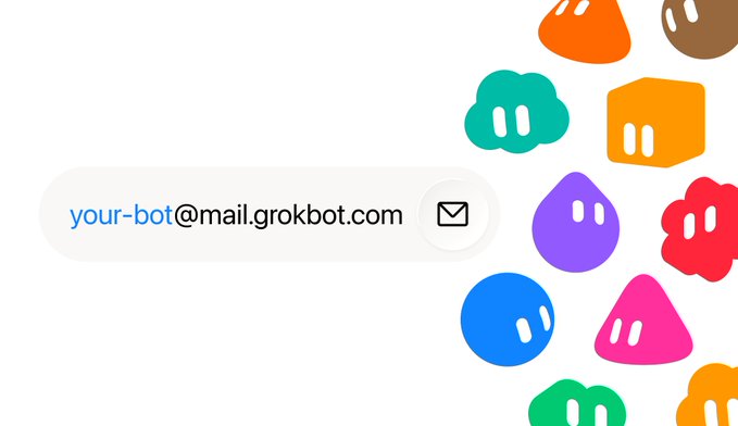 Graphic showing an email address field "your-bot@mail.grokbot.com" surrounded by colorful blob-shaped icons with small eyes.