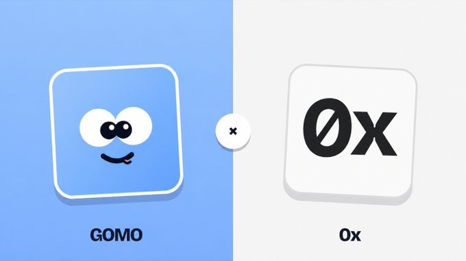 The image shows two icons separated by a multiplication symbol: a blue square featuring a smiling face mascot labeled "GOMO" and a white square displaying the "0x" logo. This visual represents the partnership announcement between GOMO and 0xProject, highlighting their collaboration to strengthen the foundation of the $GOMO social trading platform.