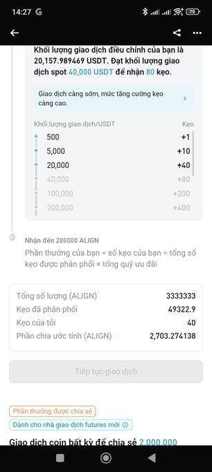 A mobile trading screen in Vietnamese shows an order book interface for the trading pair 20,000 USDT / 40,000 USDT, calculating a potential allocation of 2,703.274138 ALIGN tokens.