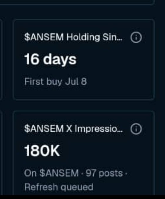 The image shows a BullpenFi dashboard displaying two stat cards for $ANSEM: one showing "Holding Sin..." for 16 days with a first buy on Jul 8, and another showing $ANSEM X Impressio... with 180K impressions across 97 posts. The "Refresh queued" status on the second card directly supports the user's complaint about impression data being stuck in a queue since yesterday.