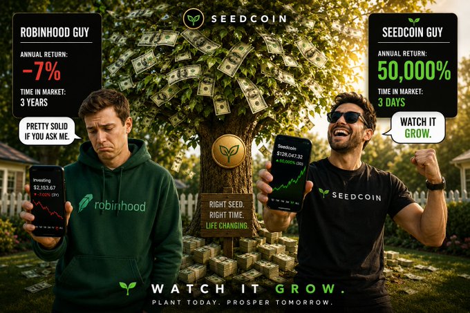 A meme-style promotional image for 'SEEDCOIN' comparing a 'Robinhood Guy' (-7% annual return over 3 years, looking sad) with a 'Seedcoin Guy' (50,000% annual return in 3 days, looking ecstatic), with the tagline 'WATCH IT GROW. PLANT TODAY. PROSPER TOMORROW.'