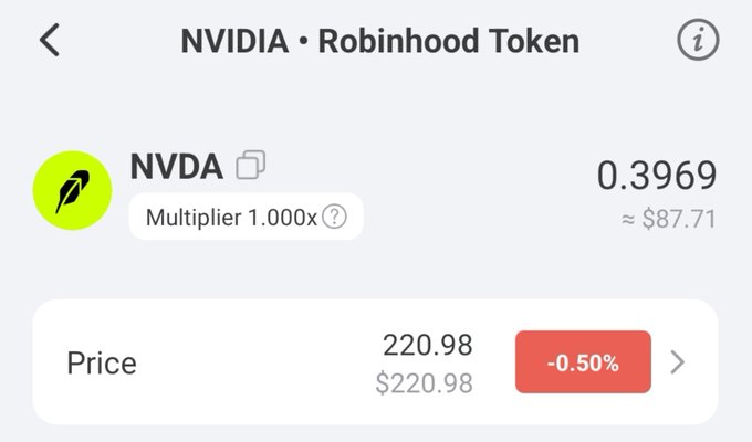 The image shows a Robinhood token trading screen for NVIDIA with the ticker "NVDA" priced at $220.98, down 0.50%, with a 1.000x multiplier. This relates to the post by illustrating the kind of real-world token (NVIDIA/NVDA on Robinhood) that the user is parodying or mimicking when creating a meme token on the Pons launchpad, highlighting the satirical nature of choosing NVDA as a paired asset for a humorous copycat token launch.