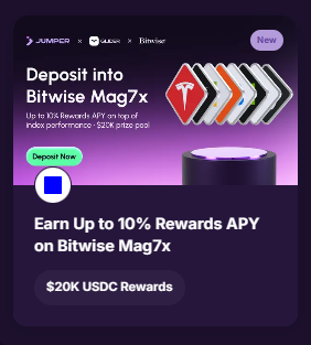 A promotional graphic titled 'Deposit into Bitwise Mag7x' from Jumper × Bitwise, advertising up to 10% Rewards APY with $20K USDC Rewards.