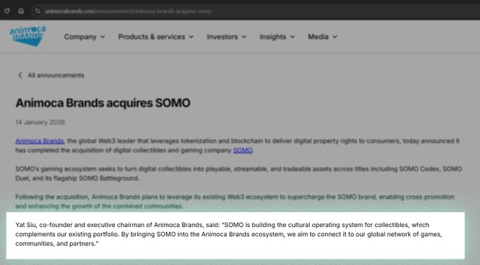 A user claims they were scammed in a $SOMO presale, stating they paid into a deposit wallet that collected $7.99M from 143 contributors, while the image shows Animoca Brands' announcement that it has officially acquired SOMO, suggesting the acquisition may affect or relate to those affected by the alleged presale issues.