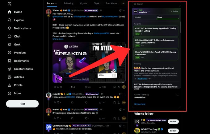 A screenshot of the X (formerly Twitter) interface showing a crypto-focused feed, with a red arrow pointing to the right-side "Search" panel containing trending topics about cryptocurrency including CEX, U.S. debt, and SAMS orders.
