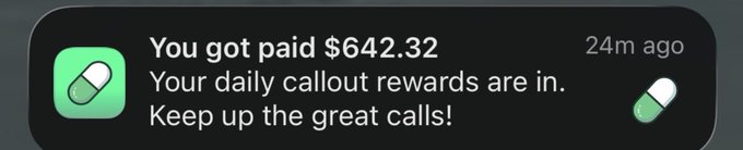 A pump.fun push notification stating "You got paid $642.32" for daily callout rewards, received 24 minutes ago.
