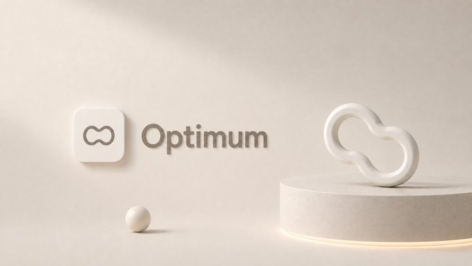 A minimalist 3D brand mockup displaying the word 'Optimum' alongside an infinity-symbol logo and a white sculptural figure on a beige pedestal.