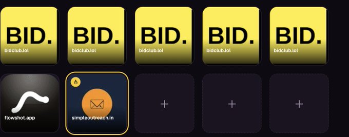 A grid of app icons including five yellow 'BID.' icons (bidclub.lot), a flowshot.app icon, and a 'simpleoutreack.in' envelope icon, with empty slots marked with plus signs.