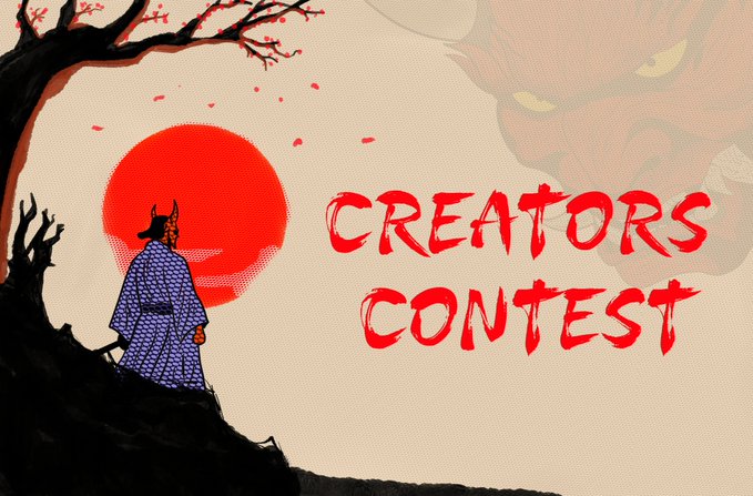 Same stylized illustration as image 7, featuring a samurai, red sun, cherry blossoms, demon face, and "CREATORS CONTEST" text in red brush-stroke style.