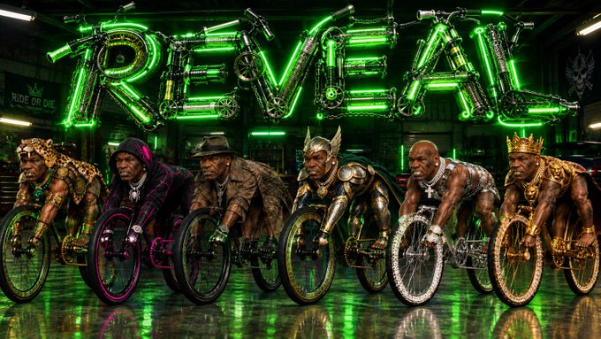 A vibrant, AI-generated image features six figures on bicycles beneath a large green neon sign spelling "REVEAL", with a banner reading "RIDE OR DIE".