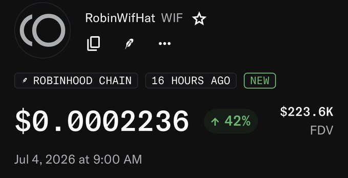 A crypto tracker screenshot shows RobinWifHat (WIF) token on the Robinhood Chain priced at $0.00002236 with a 42% gain and a $223.6K FDV, matching the post's mention of the $223k market cap milestone on its way toward $1m.