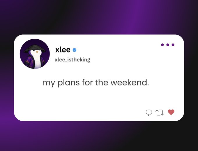 A social media post from verified user "xlee" (@xlee_istheking) on a purple background features a cartoon penguin avatar in a witch hat, with the caption "my plans for the weekend." followed by engagement icons for comments, retweets, and likes. The minimalist setup serves as a punchline intro to the accompanying list, where the weekend "plans" humorously revolve around engaging on X—particularly gooning, hitposting, and chasing 2k replies—underlining the irony of someone whose entire social identity is built on the platform.