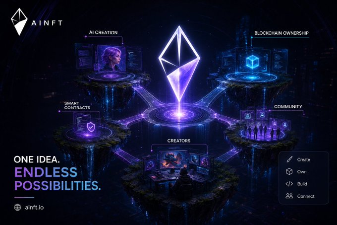 A futuristic promotional graphic for 'AINFT' showcases a glowing Ethereum diamond logo at the center, connecting floating islands representing AI Creation, Blockchain Ownership, Smart Contracts, Community, and Creators, with the tagline 'ONE IDEA. ENDLESS POSSIBILITIES.' and the website ainft.io.