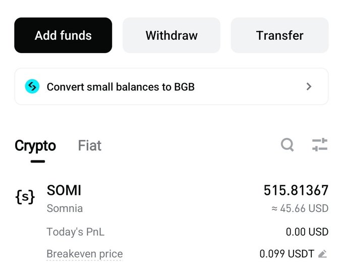 A screenshot of a crypto wallet interface showing options to 'Add funds,' 'Withdraw,' and 'Transfer,' with a crypto balance of 515.81367 Somnia (SOMI) tokens worth approximately 45.66 USD.