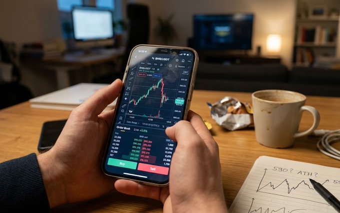 A person's hands hold a smartphone displaying a 'BINANCE' trading app with a candlestick chart, while a coffee mug, a snack, and a notebook sit on a desk in the background.