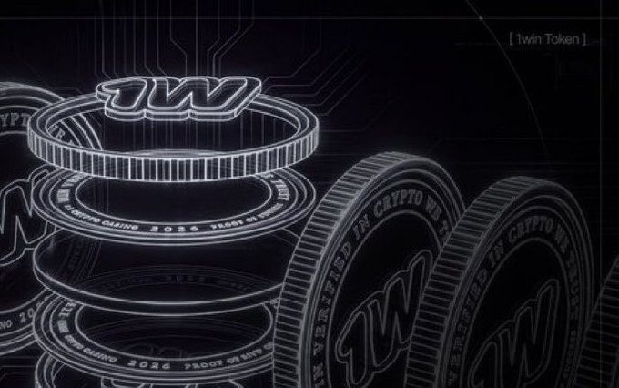 A graphic design showing stacked metallic coins or tokens with circuit board patterns, displaying the 'TW' logo and text 'VERIFIED IN CRYPTO WITH PROOF' and '1twin Token'.