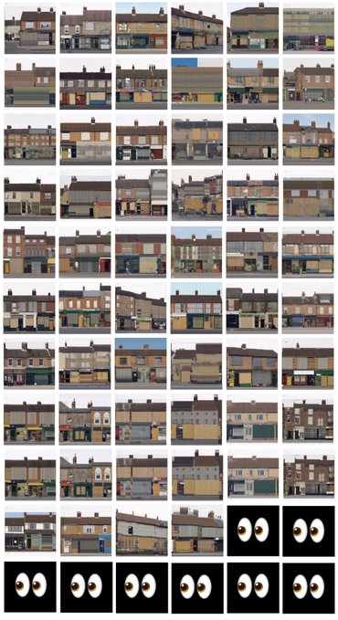 A grid displaying 52 photographed storefronts and building facades collected from various streets, with two bottom rows featuring cartoon googly eyes overlaid on images, relating to the "Work From Home Excel Series III" art collection documenting street views.