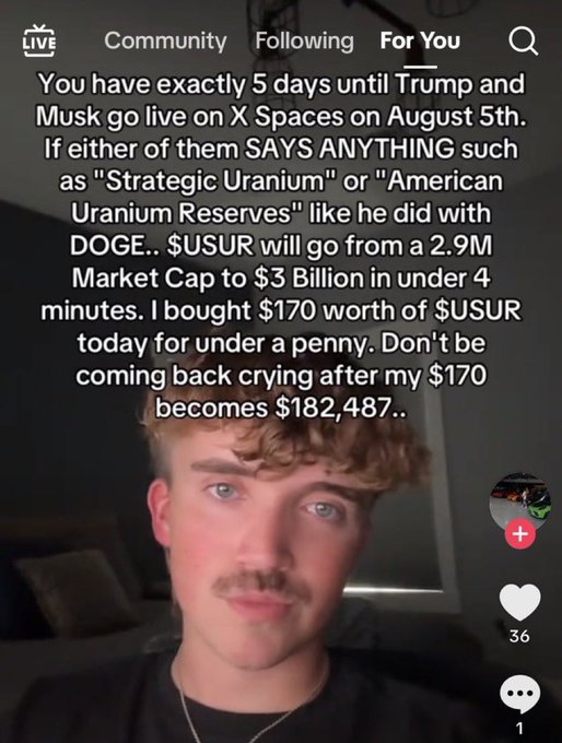 A TikTok video screenshot of a young man with text claiming Trump and Musk's August 5th X Spaces could send $USUR 'from a 2.9M Market Cap to $3 Billion,' having bought $170 hoping it becomes $182,487.