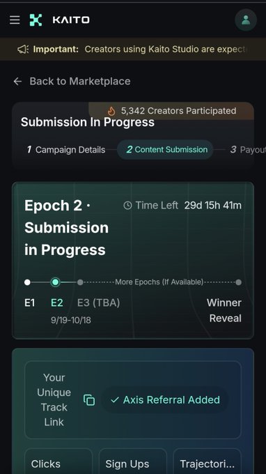 Mobile view of Kaito platform showing 'Submission In Progress' for Epoch 2 with 'Time Left 29d 15h 41m', 5,342 creators participated, displaying tabs for E1, E2, E3 (TBA), and an 'Axis Referral Added' confirmation.