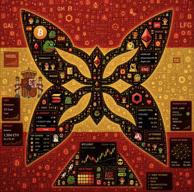 A complex butterfly-shaped mosaic filled with cryptocurrency-themed icons including Bitcoin, Ethereum, Pepe, and various crypto terms like 'GM', 'WAGMI', 'HODL', 'LFG', 'BAYC', and 'ENS' on a red background.