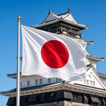 The Japanese national flag (Hinomaru) flying in front of a traditional Japanese castle against a clear blue sky.