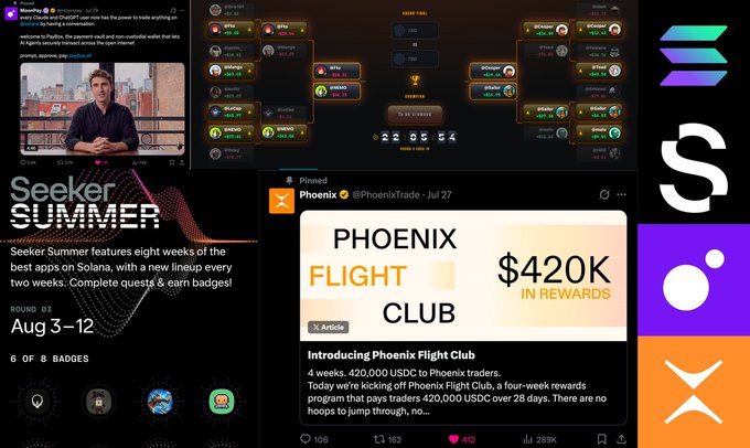 A collage of crypto/Web3 related content including a tweet from Phonify, a trading tournament bracket, "Seeker Summer" promotion (Aug 3-12), and Phoenix Flight Club announcing $420K in rewards.