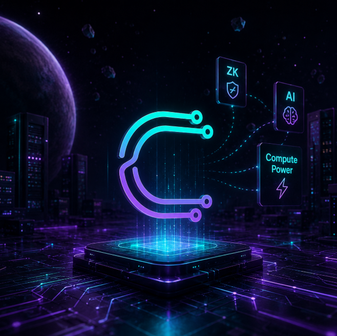 The image features a futuristic cityscape with buildings of various sizes and shapes, including a large planet-like structure in the background. The main focus of the image is a purple and blue logo that reads "C" surrounded by lines, which appears to be floating or hovering above the city. The post about Cysic's projects also includes a list of different project names such as "Compute Power", "Computer Power", and "AI".