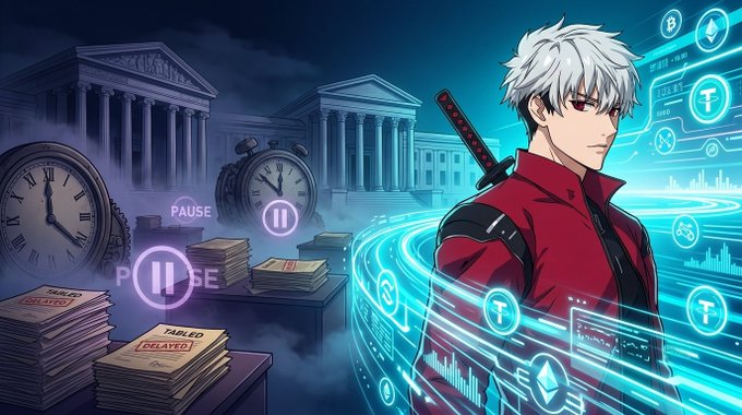 An anime-style illustration features a white-haired male character in a red jacket with a katana on his back, surrounded by glowing cryptocurrency symbols, with classical buildings, clocks, and stacks of paper labeled 'TABLED DELAYED' and 'PAUSE' in the background.