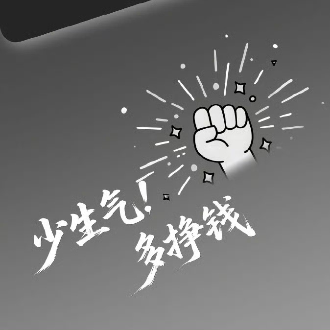 A black and white graphic features a clenched fist surrounded by stars and lines, with Chinese calligraphy below reading '少年气 多挣钱'.