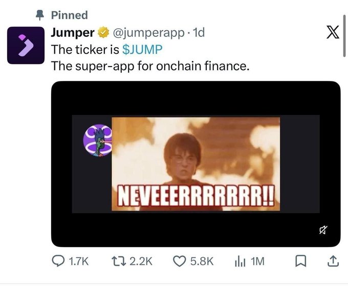 A pinned tweet from Jumper (@jumperapp) with a verified badge announces "$JUMP" as the ticker for "The super-app for onchain finance," accompanied by a "NEVEEEERRRRR!!" Bruce Lee meme suggesting skepticism about the waitlist opportunity mentioned in the post.