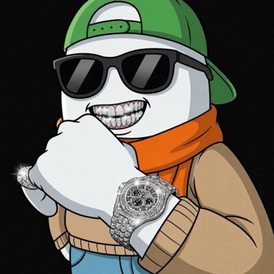 A digital cartoon character with a grinning face, wearing sunglasses, a green baseball cap, an orange scarf, and a large diamond-encrusted watch.