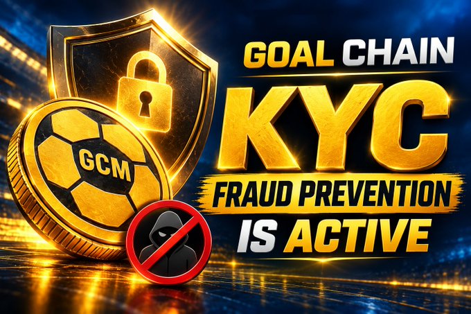 The image displays a promotional graphic featuring a gold soccer ball coin marked "GCM" alongside a padlock shield, a hooded figure with a prohibition symbol, and bold text reading "GOAL CHAIN KYC FRAUD PREVENTION IS ACTIVE," visually reinforcing the announcement's message about enhanced security measures and stricter KYC policies to protect the ecosystem.