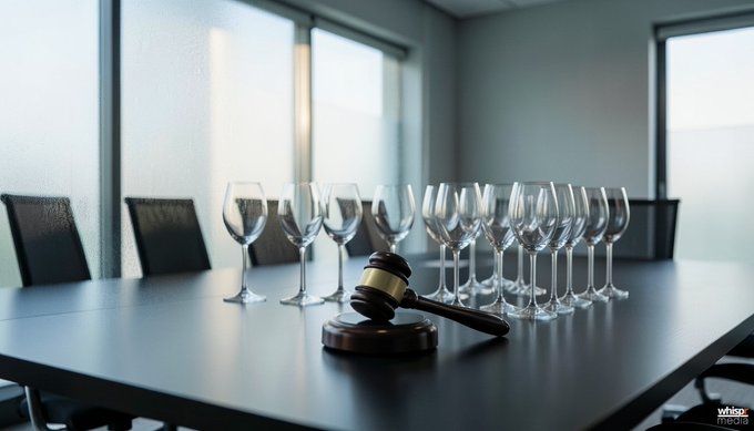 A conference room with a wooden gavel and a row of empty wine glasses arranged on a dark table.