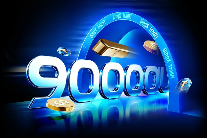 A promotional banner for 'BingX TradFi' featuring large 3D silver '90000' text, gold bars, and Bitcoin/USDT coin graphics on a blue background.