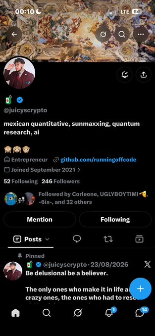 A Twitter/X profile screenshot shows user @juicyscrypto describing themselves in 'mexican quantitative, sunmaxxing, quantum research, ai,' labeled as Entrepreneur with a link to github.com/runningoffcode, joined September 2021 with 52 Following and 246 Followers.