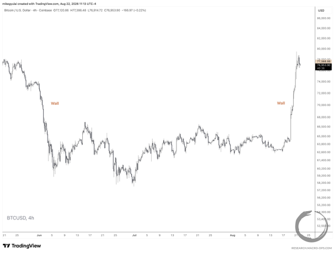 A 4-hour BTC/USD candlestick chart from Coinbase dated August 22, 2026, showing price at $77,120.86, with two prominent sell walls labeled in orange near the $73,000 and $77,000 levels on either side of the chart, supporting the post's claim of a possible double-walled bottom pattern forming in Bitcoin.