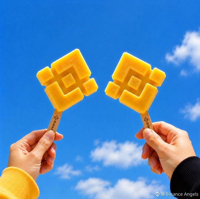 Two hands hold up matching pixelated popsicles shaped like Bitcoin's ₿ logo, clinking them together against a bright blue sky in a playful "cheers" toast. The popsicles appear to read "BINANCE" on their sticks, fittingly illustrating the post's "Binance ice cream anyone?" caption with a crypto-themed treat.
