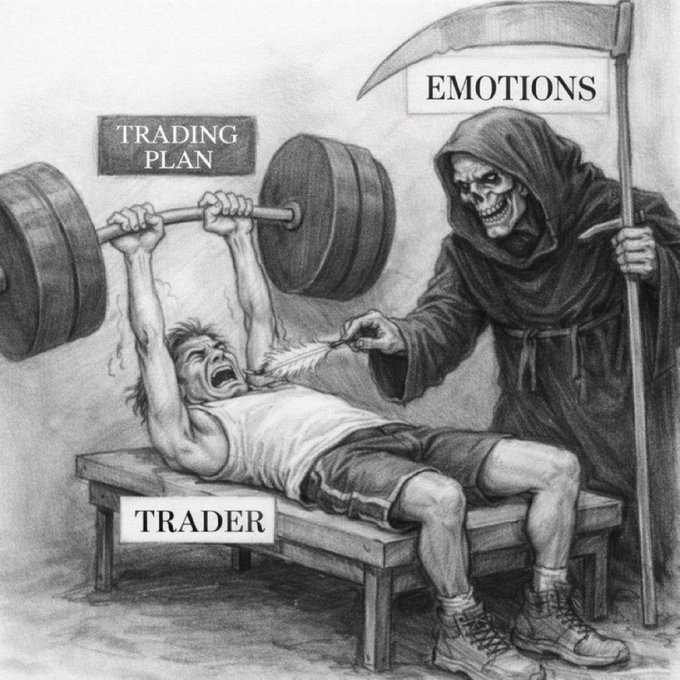 A pencil sketch illustration depicting a 'TRADER' lying on a bench press struggling to lift a barbell labeled 'TRADING PLAN' while the Grim Reaper labeled 'EMOTIONS' tickles him with a feather.