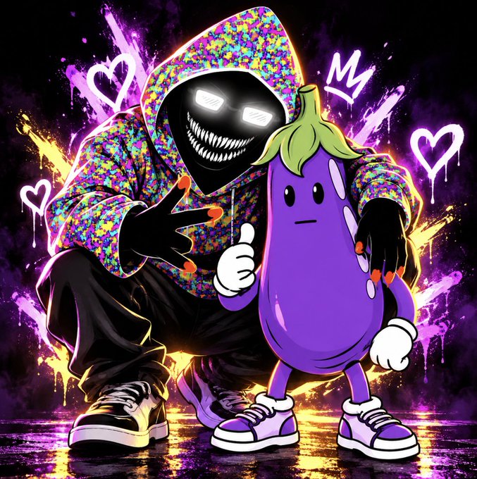 A dark, hooded figure with a menacing grinning face wearing a colorful, floral-patterned hoodie poses with arms around an anthropomorphic purple eggplant cartoon character, both giving a thumbs up amid neon graffiti hearts and splashes. The image represents the "Ok Eggplant" NFT project and its snapshot announcement for top RektInk holders on Inkonchain.