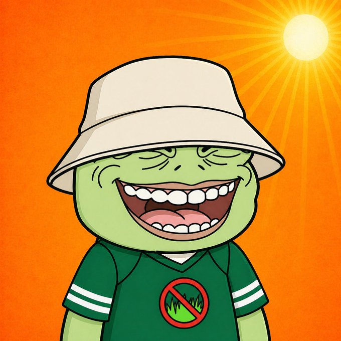 The image features a cartoon character wearing a hat, which appears to be green with white stripes. The character has a big smile on their face and is laughing heartily. The background of the image is orange, creating a vibrant and cheerful atmosphere. There are no texts or other objects in the image, making it a simple and uncluttered composition that focuses solely on the cartoon character's facial expression and the bright orange background.