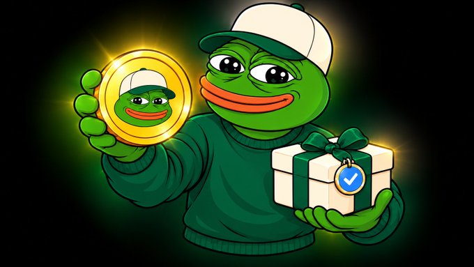 A cartoon green frog in a cap holds a glowing gold coin and a wrapped gift, resembling a Pepe-themed crypto promotion.