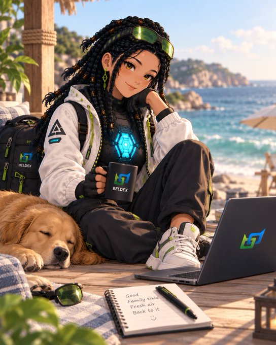 An anime-style illustration shows a young woman with braided hair holding a 'BELDEX' mug by the beach, with a sleeping golden retriever, a laptop, and a notepad reading 'Good, Family time, Fresh air, Back to it.'