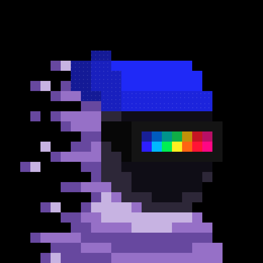 A pixel art image depicts a character in purple and blue clothing with a screen-like face displaying a rainbow color test pattern.
