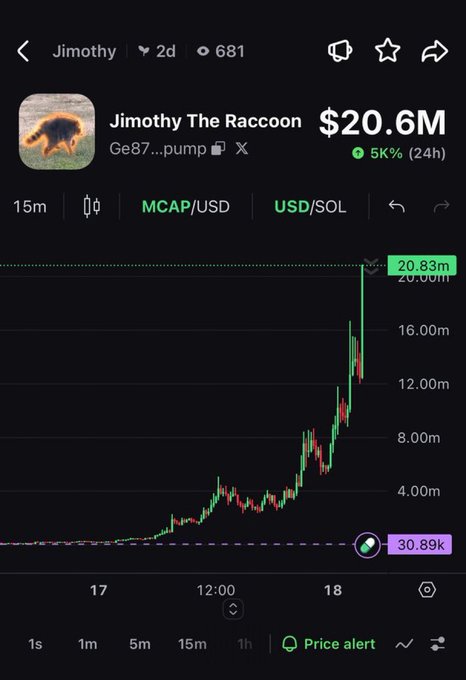 A Dexscreener chart shows the memecoin $Jimothy (Jimothy The Raccoon) with a market cap that surged from 30.89k to 20.83M, illustrating the post's claim of a near-vertical 0-to-20M rise on 19M volume.