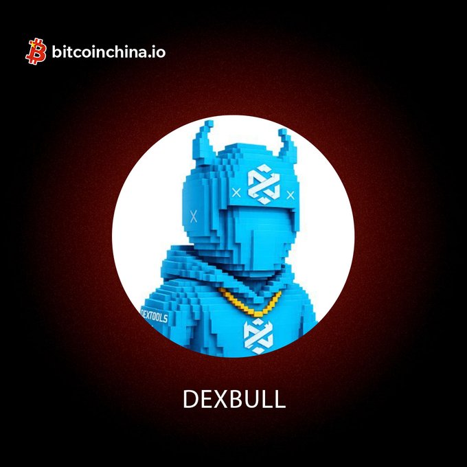 A dark-themed graphic promoting 'DEXBULL' on bitcoinchina.io, featuring a pixelated blue character with horns wearing a hoodie displaying a logo, set against a deep red background.