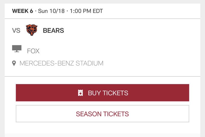 The image shows a screenshot of a mobile phone screen displaying information related to an upcoming baseball game, likely for the Bears team against the Foxes team at Mercedes-Benz Stadium. The text says "Week 6", which indicates that this event is happening on Saturday, October 10th. Additionally, there are mentions of a season ticket deal and a buy tickets button, suggesting that these details can be found within the image.