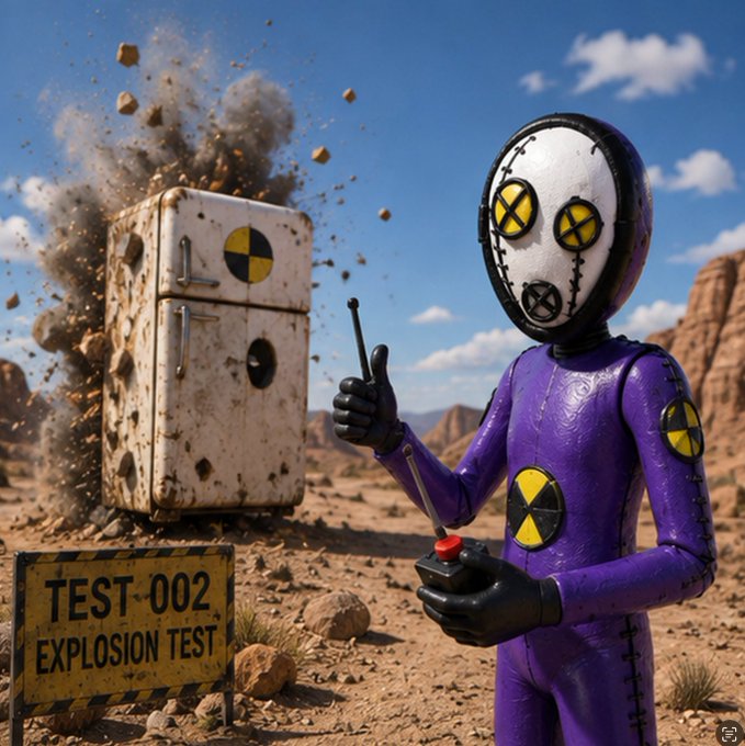A figure in a purple radiation suit and stitched mask with X eyes holds a detonator, watching an old refrigerator explode in the desert. A sign reads 'TEST 002 EXPLOSION TEST.'