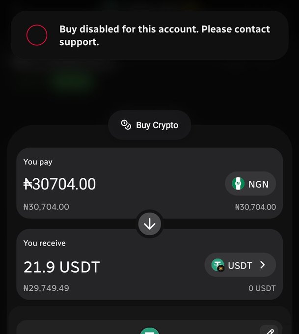 Another mobile screenshot of a crypto exchange displaying a 'Buy disabled for this account. Please contact support' notification and a conversion of ₦30704.00 NGN to 21.9 USDT.