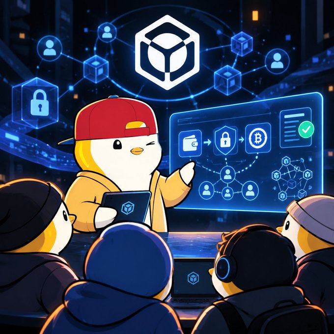 A digital illustration of a cartoon penguin wearing a red cap and yellow hoodie, presenting to a group of characters in front of screens displaying blockchain and cryptocurrency graphics.